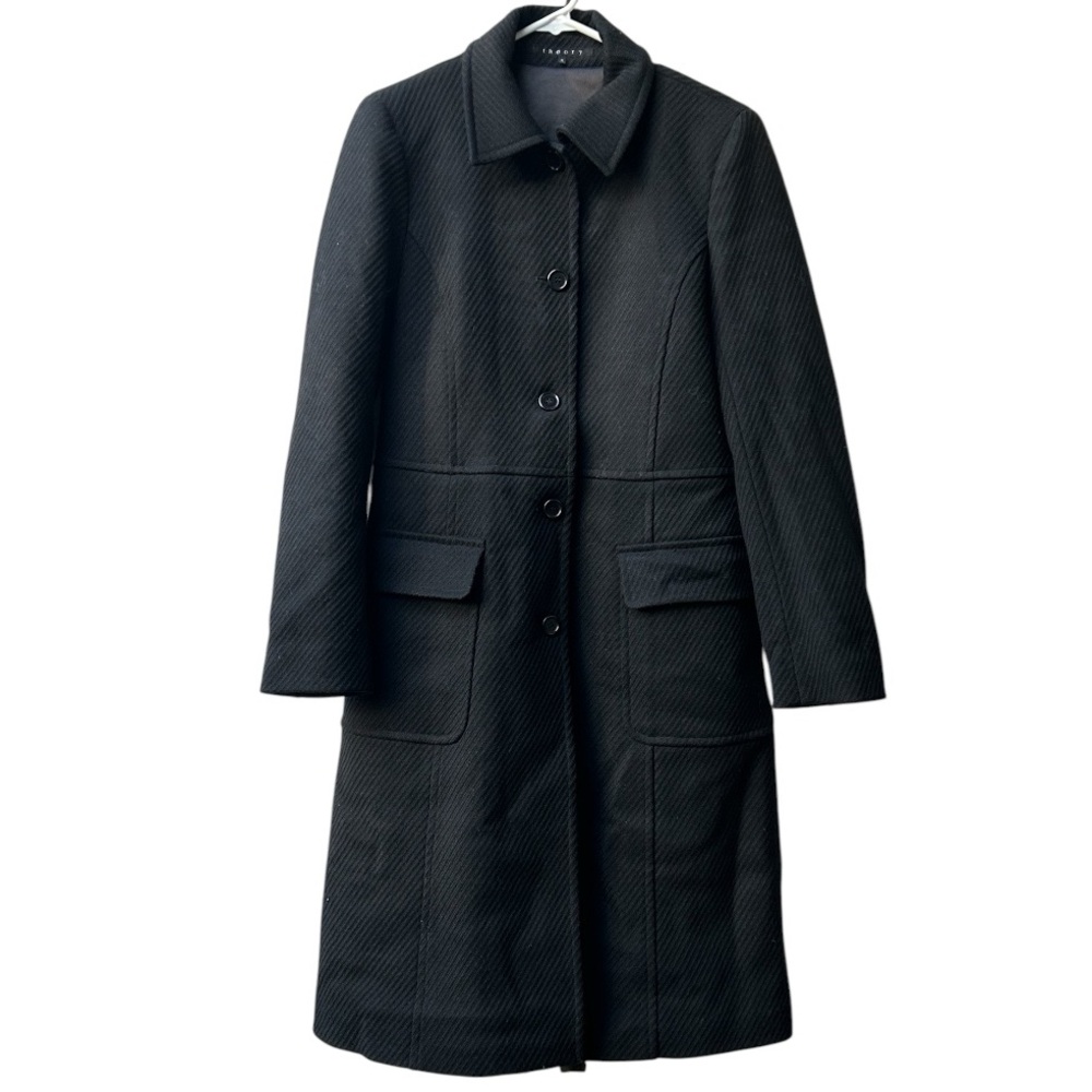 Theory 98% Wool Trench Coat Black Button-up Tailored Fit Med Excellent Condition
